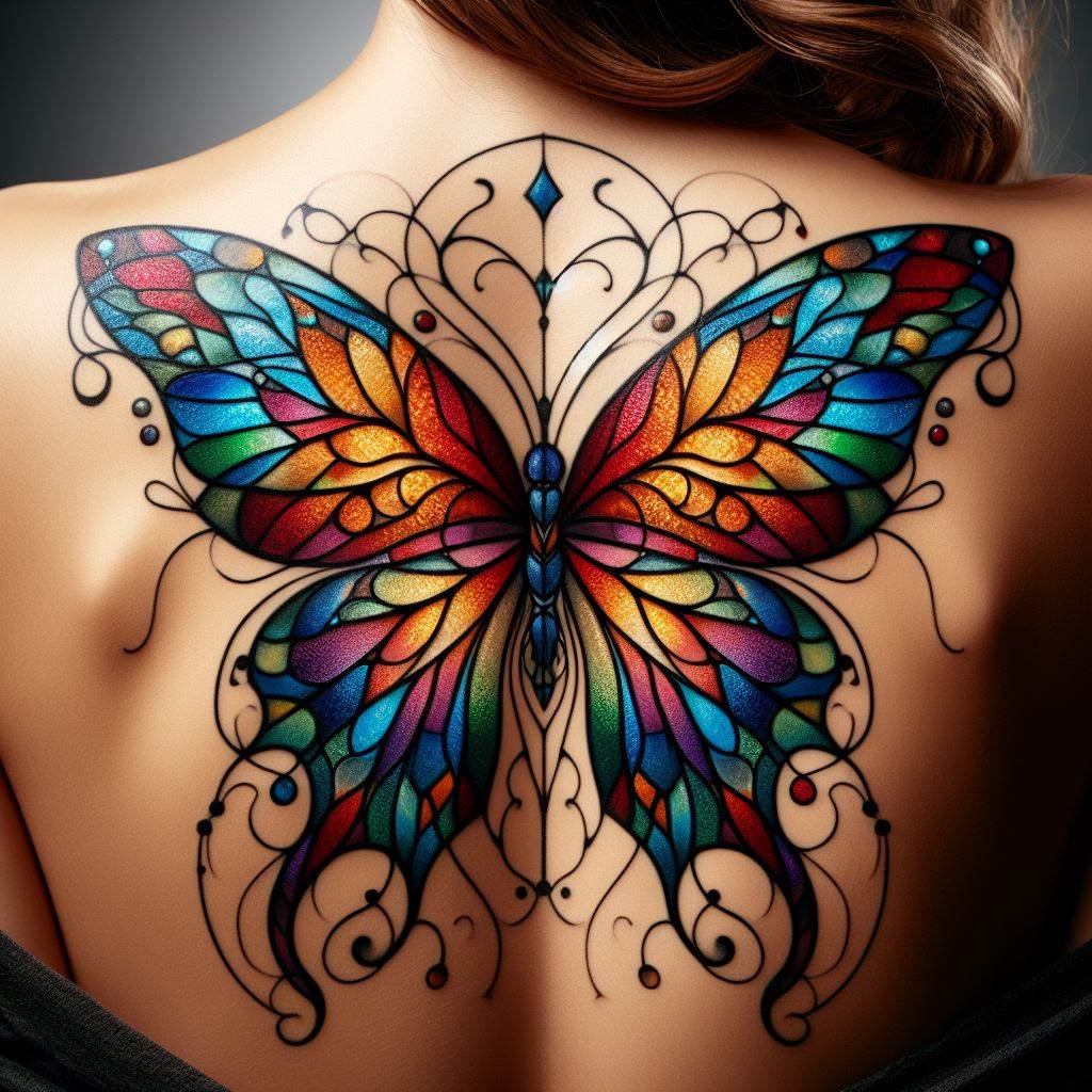 A vibrant stained glass style butterfly tattoo on a woman's back shoulder, its colorful segments symbolizing transformation, beauty, and the fragility of life.