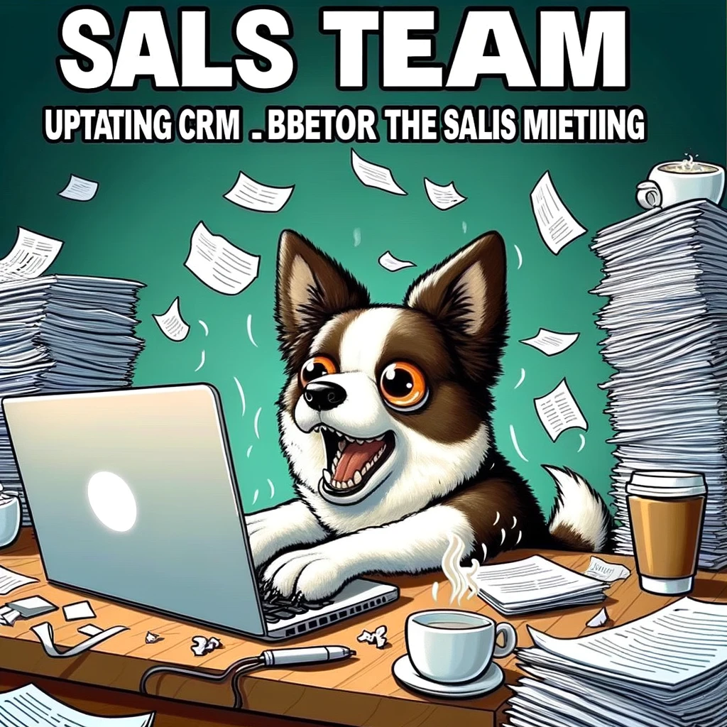 A meme showing a cartoon dog typing furiously on a laptop, surrounded by stacks of papers and coffee cups. The caption reads, "Sales team updating CRM last minute before the sales meeting."