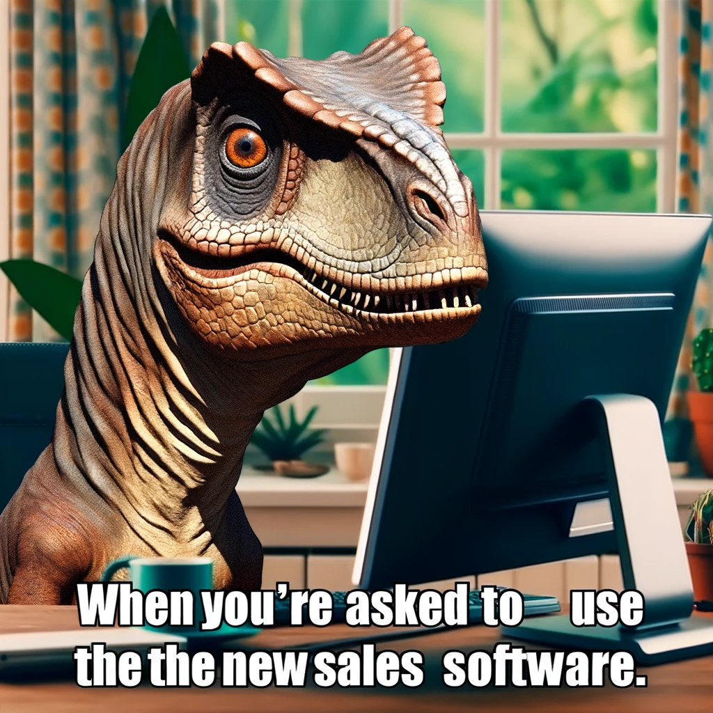 A meme of a dinosaur looking confused in front of a modern computer, with the caption, "When you're asked to use the new sales software."