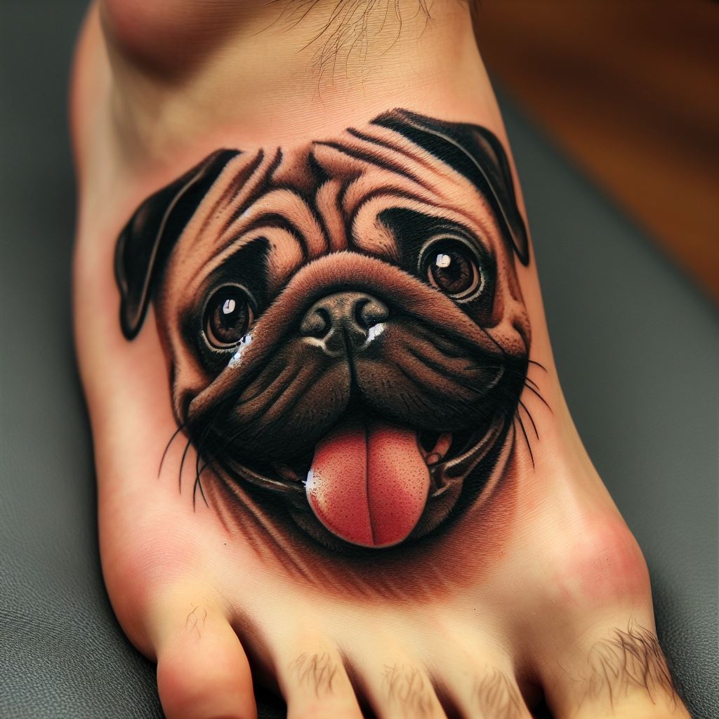 A playful tattoo of a Pug's face, with its tongue sticking out, placed on the top of the foot. This tattoo brings out the Pug's characteristic expressions with detailed shading and texture, capturing its playful and loving nature. It's a fun and endearing design, sure to bring a smile to anyone who sees it.