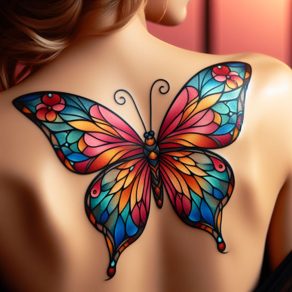 A vibrant stained glass style butterfly tattoo on a woman's back shoulder, its colorful segments symbolizing transformation, beauty, and the fragility of life.