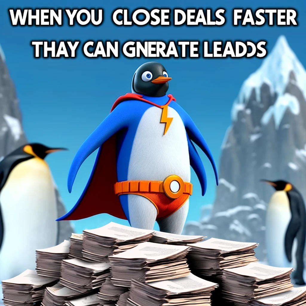 A meme with a penguin in a superhero cape standing on top of a pile of contracts, with the caption, "When you close deals faster than they can generate leads."