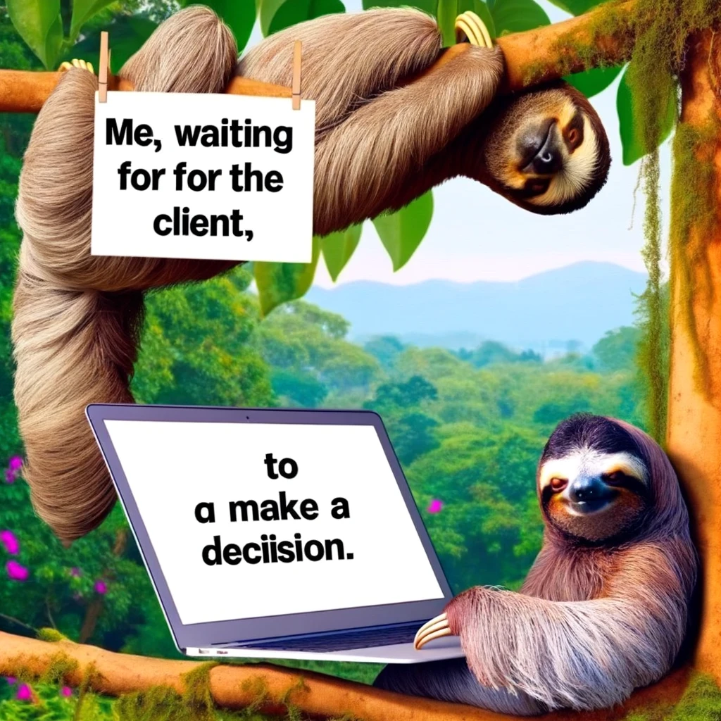 A meme showing a sloth hanging from a tree, with a laptop open next to it. The caption reads, "Me, waiting for the client to make a decision."