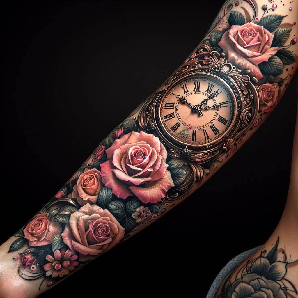 A detailed vintage clock surrounded by blooming roses tattooed on a woman's forearm, symbolizing the passage of time, remembrance, and the beauty of life.