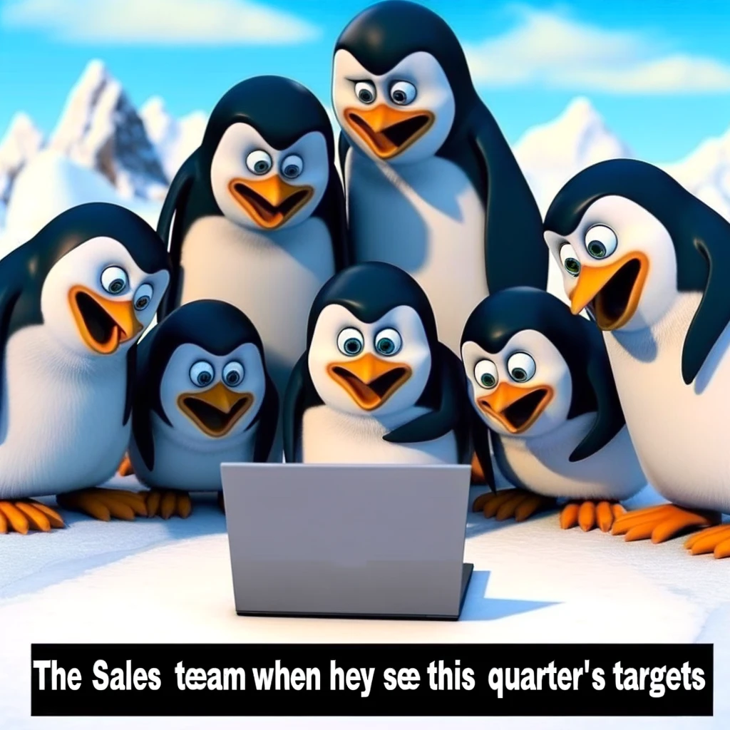 A meme featuring a group of penguins huddled around a laptop, looking shocked. The caption reads, "The sales team when they see this quarter's targets."