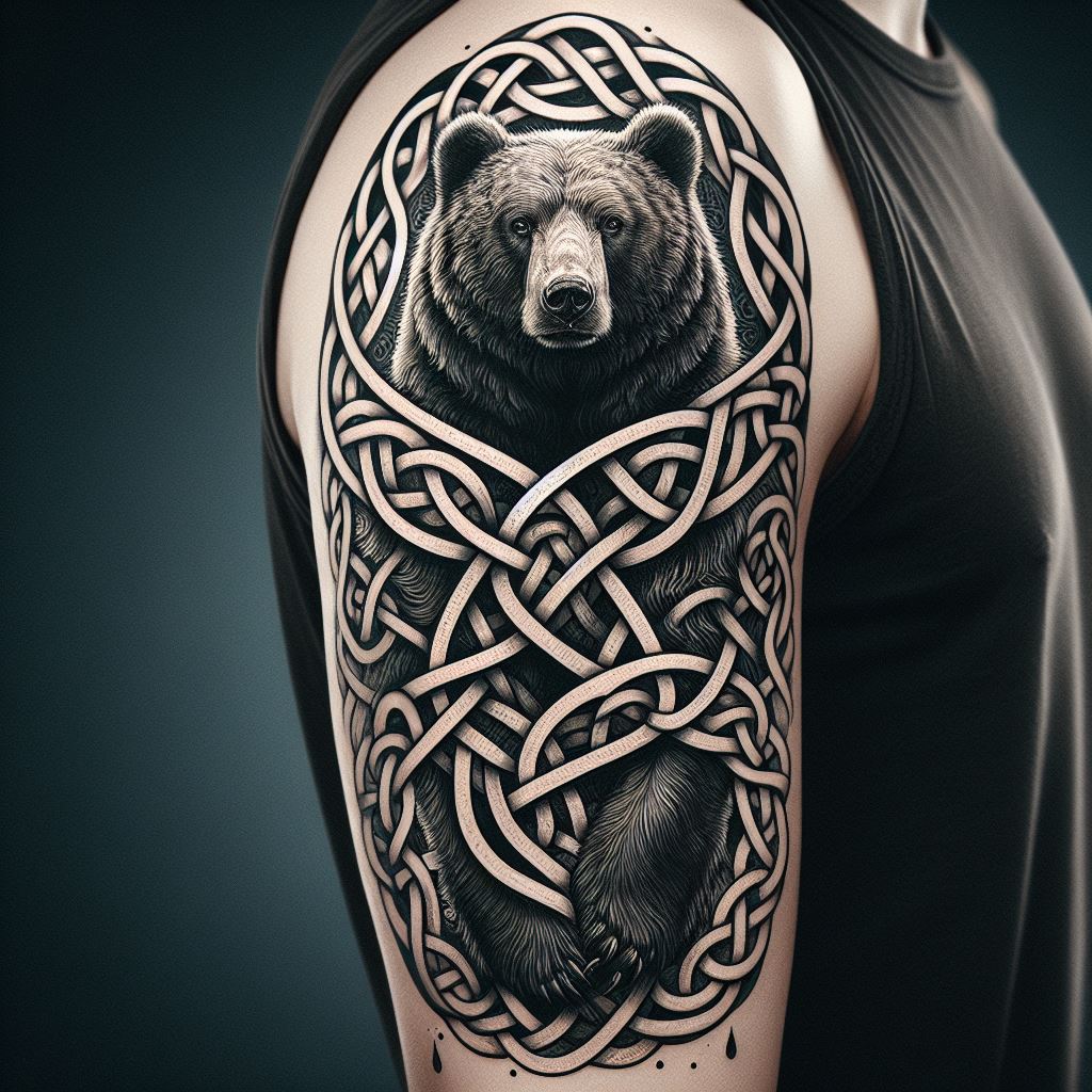 A tattoo that intertwines a bear with Celtic knotwork, wrapping around the upper arm like a sleeve. The bear is depicted in a stance of strength and vigilance, with the Celtic knots weaving through and around it, symbolizing the intertwining of physical power with spiritual and historical depth. The design demands precision in the knotwork and the bear's detailed expression, creating a piece that is both bold and intricate.