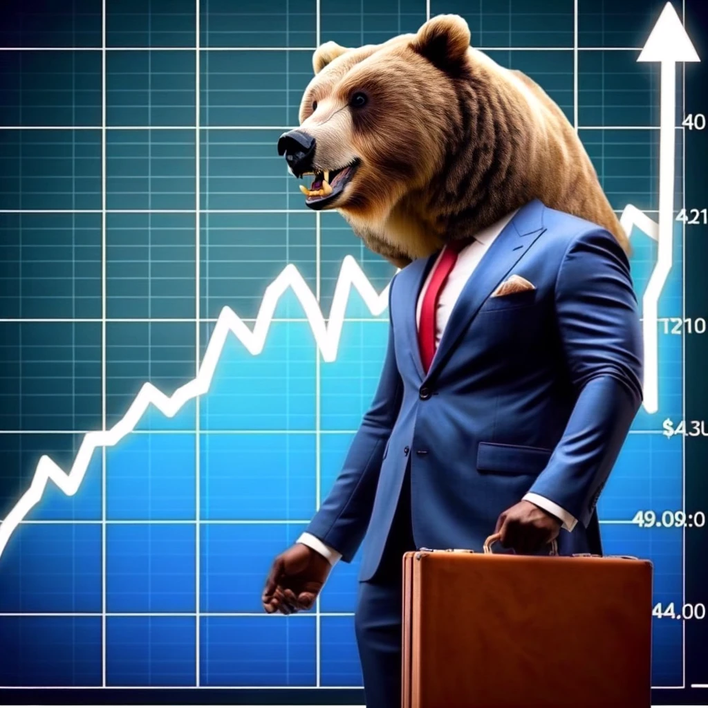 A meme of a bear in a suit holding a briefcase, standing in front of a stock market chart showing upward trends. The caption says, "When you hit your sales target in the first week."