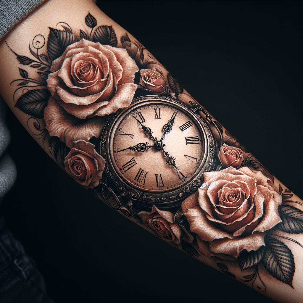 A detailed vintage clock surrounded by blooming roses tattooed on a woman's forearm, symbolizing the passage of time, remembrance, and the beauty of life.