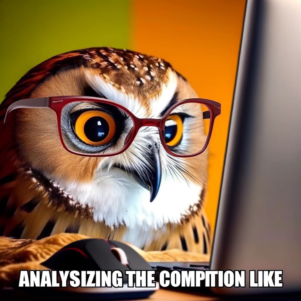 A meme featuring an owl with glasses, looking at a computer screen with intense focus. The caption reads, "Analyzing the competition like."