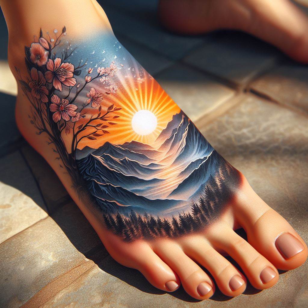 A serene scene of a sunrise over mountains tattooed on a woman's foot, symbolizing new beginnings, hope, and the majesty of nature.