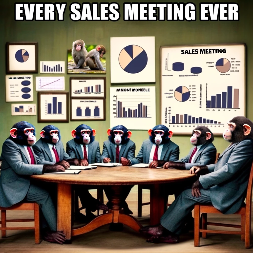 A meme showing a group of monkeys in business attire having a meeting around a small table, with charts and graphs on the wall. The caption reads, "Every sales meeting ever."