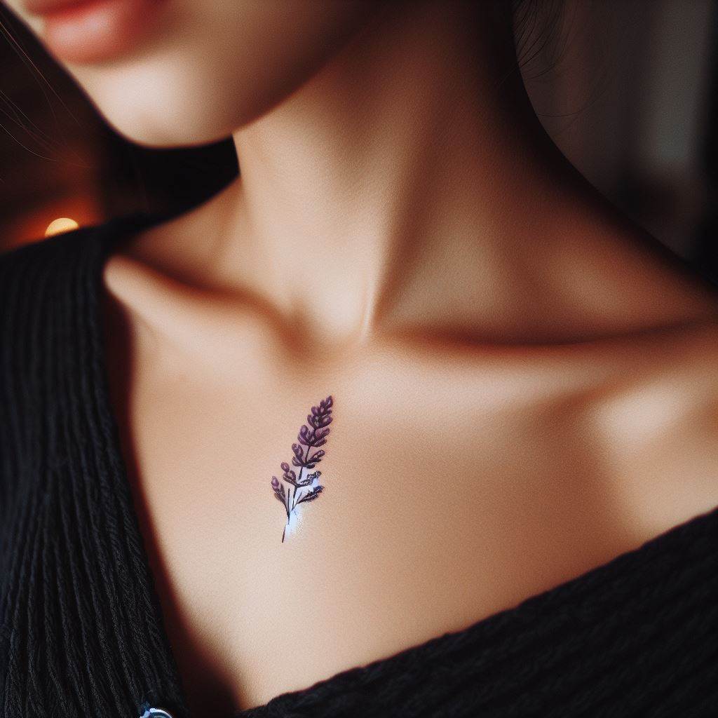 A delicate sprig of lavender tattooed along a woman's collarbone, symbolizing calmness, serenity, and a connection to nature, its subtle purple hues adding a touch of color.