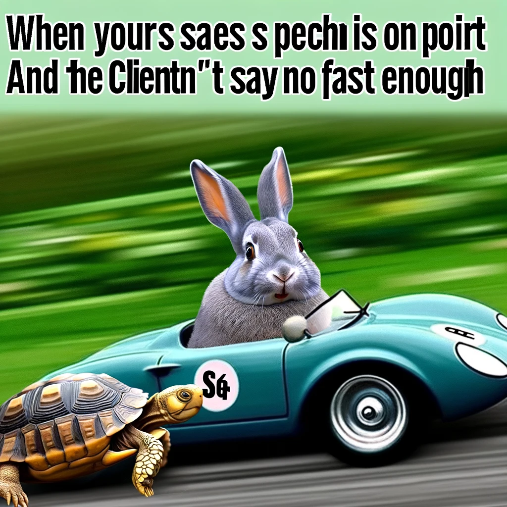 A meme featuring a rabbit in a race car, zooming past a slow-moving turtle. The caption reads, "When your sales pitch is on point and the client can't say no fast enough."