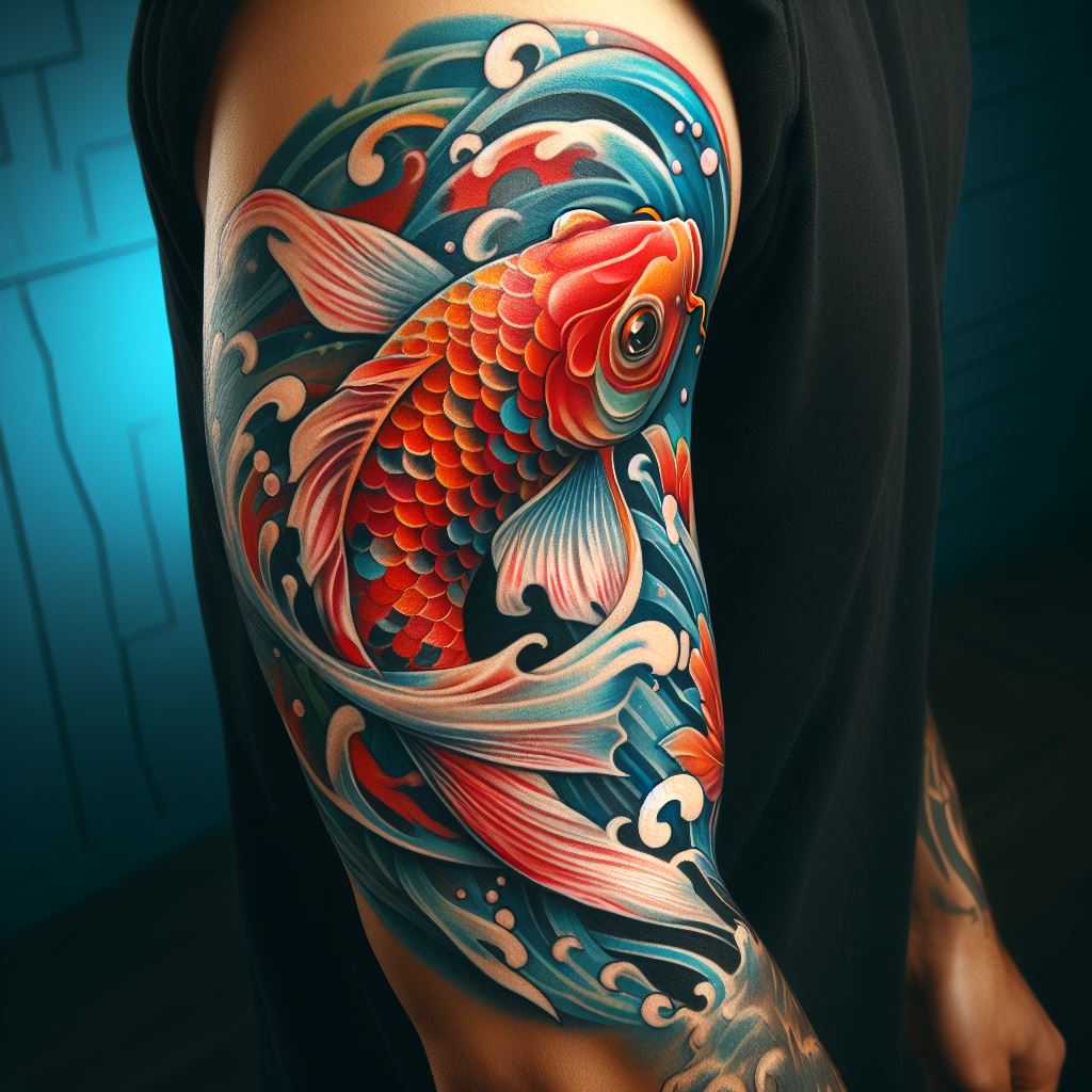 An artistic tattoo featuring a colorful koi fish, positioned around the elbow, with vibrant colors and flowing water elements to symbolize perseverance and good fortune.