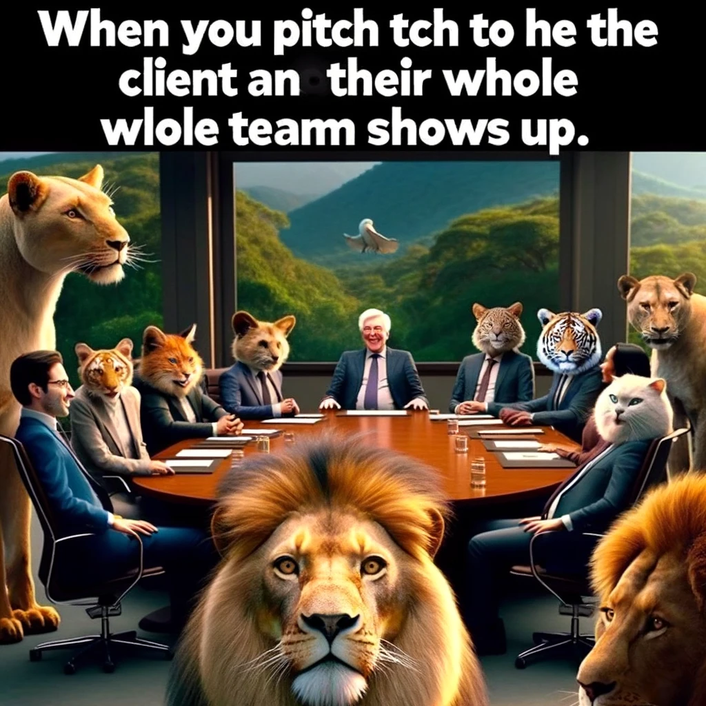 A meme showing a group of animals in a boardroom, with a lion leading the meeting. The caption reads, "When you pitch to the client and their whole team shows up."