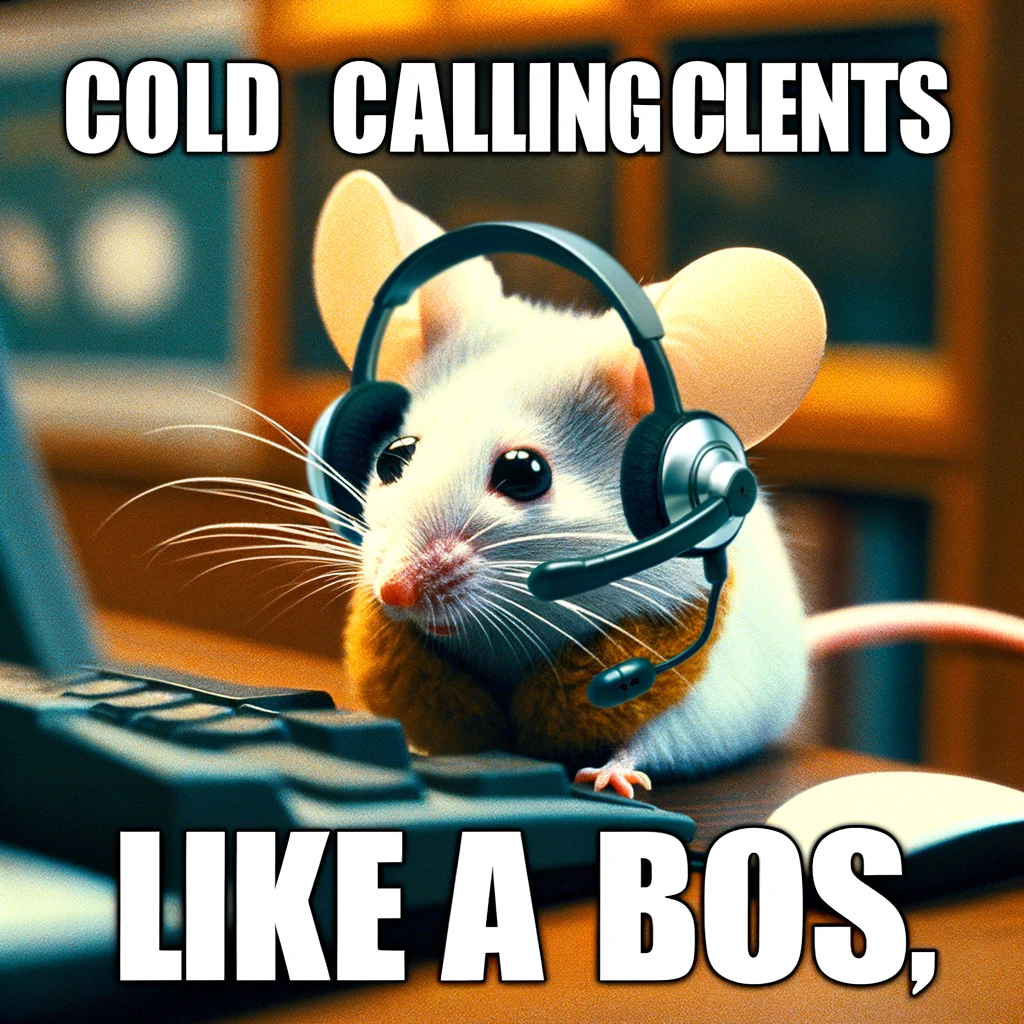 A meme of a mouse with a headset on, looking intently at a computer screen. The caption says, "Cold calling clients like a boss."