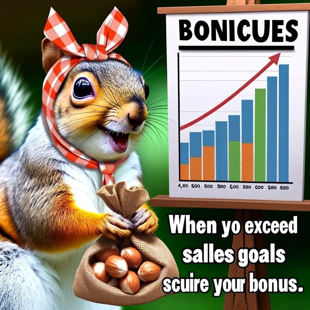 A meme with a squirrel holding a bag of nuts, looking at a chart with upward trends. The caption reads, "When you exceed your sales goals and secure your bonus."
