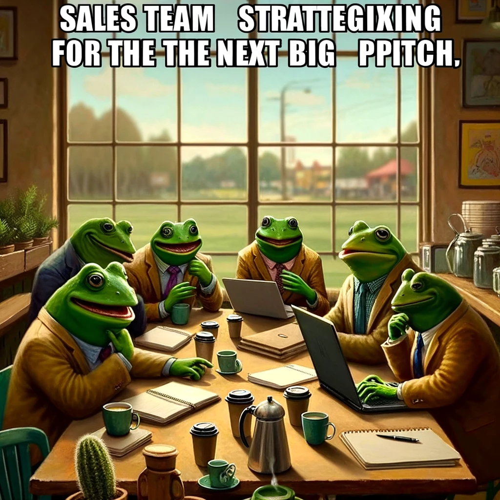 A meme featuring a group of frogs in a coffee shop, with laptops and notepads, brainstorming. The caption reads, "Sales team strategizing for the next big pitch."