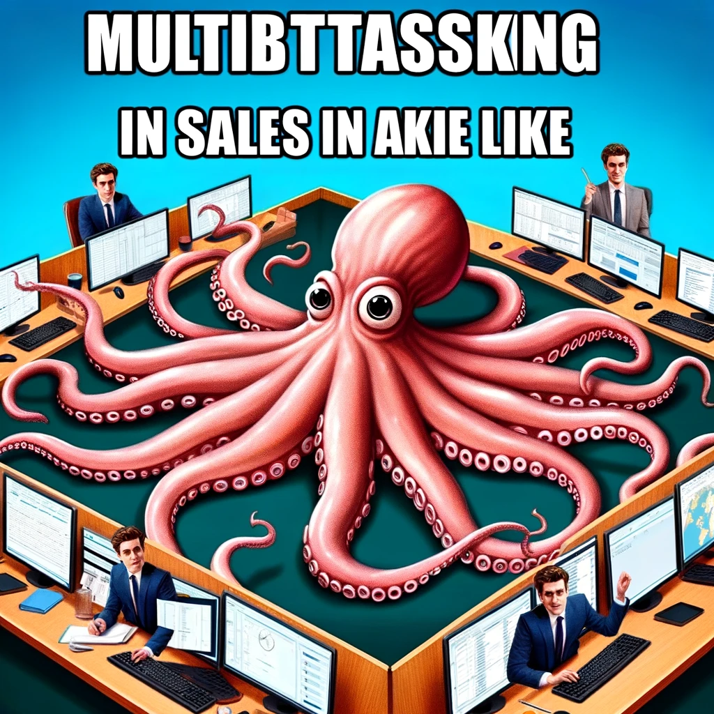 A meme of an octopus at multiple desks, doing different tasks simultaneously. The caption reads, "Multitasking in sales like."