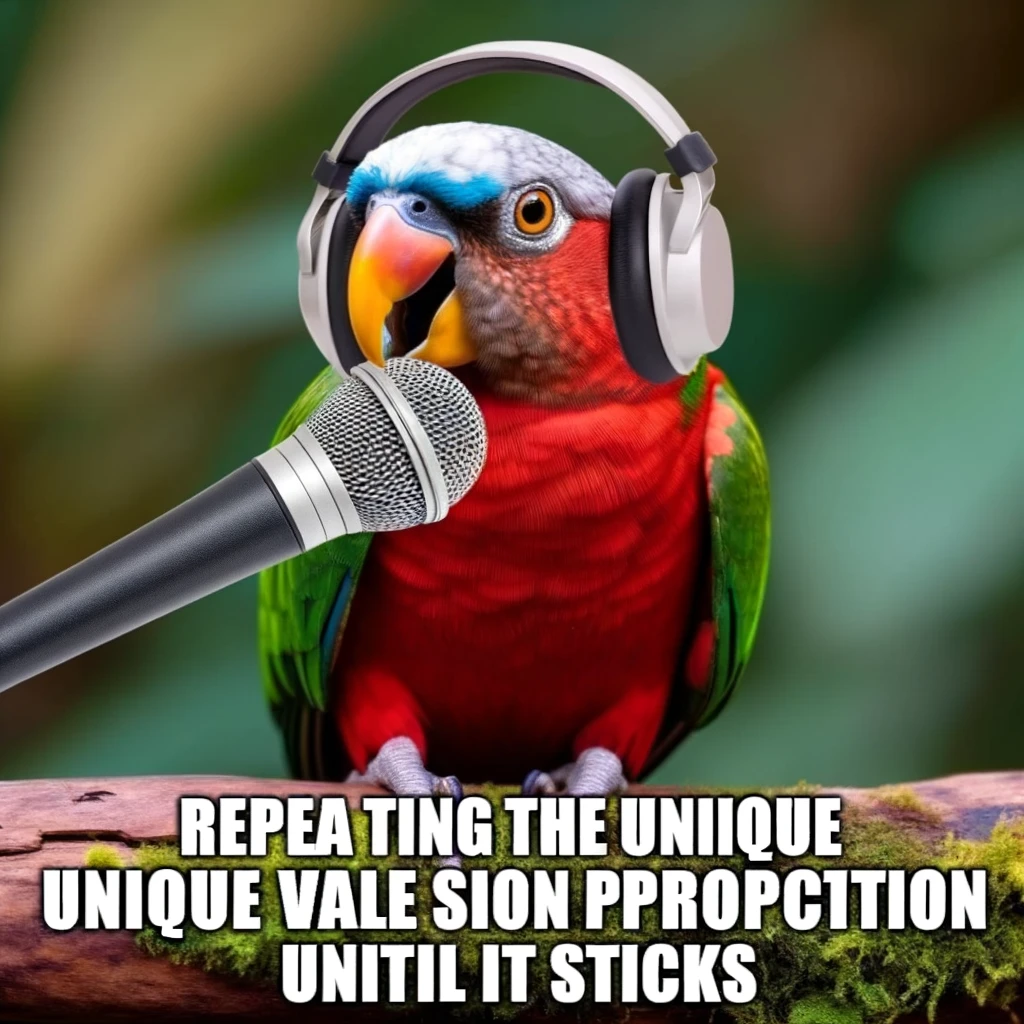 A meme showing a parrot with headphones on, speaking into a microphone, with the caption, "Repeating the unique value proposition until it sticks."