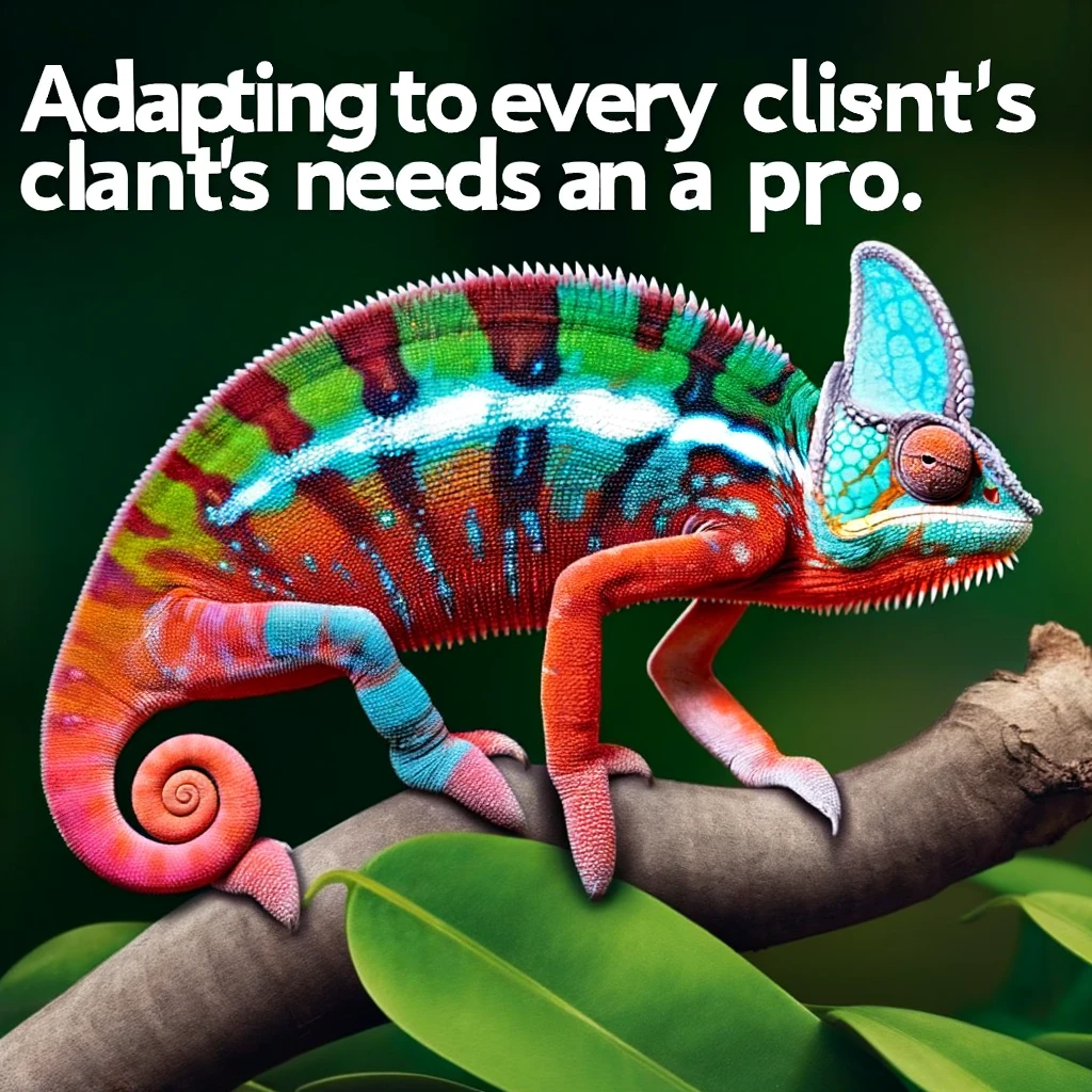 A meme of a chameleon changing colors to match the different products it's selling, with the caption, "Adapting to every client's needs like a pro."