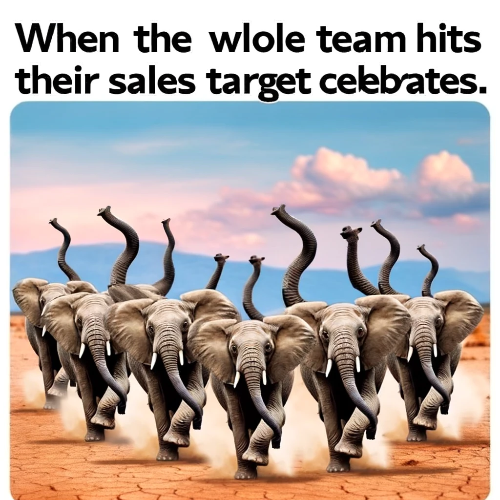 A meme featuring a group of elephants in a conga line, captioned, "When the whole team hits their sales target and celebrates."
