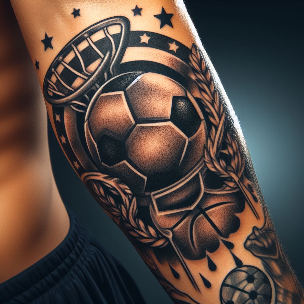 A sports-themed tattoo with iconic equipment or symbols of a favorite sport, such as a soccer ball or basketball hoop, encircling the elbow, showing passion and dedication.