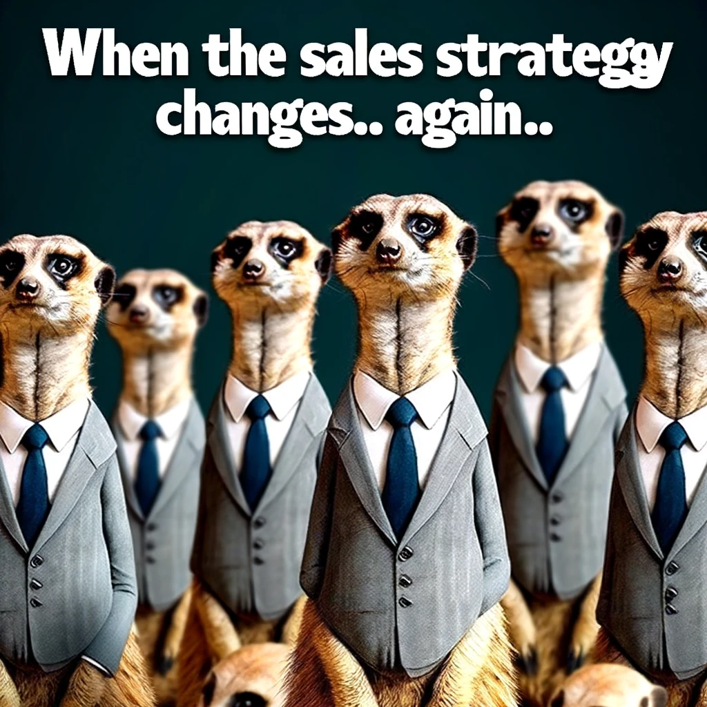 A meme of a group of meerkats in business suits, standing attentively in a meeting, with the caption, "When the sales strategy changes... again."