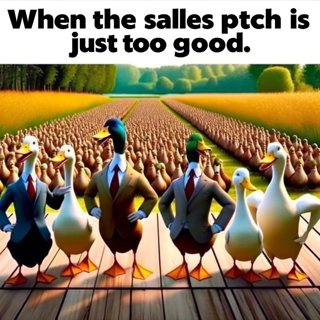 A meme featuring a group of ducks in a row, leading a sales presentation with the caption, "When the sales pitch is just too good."