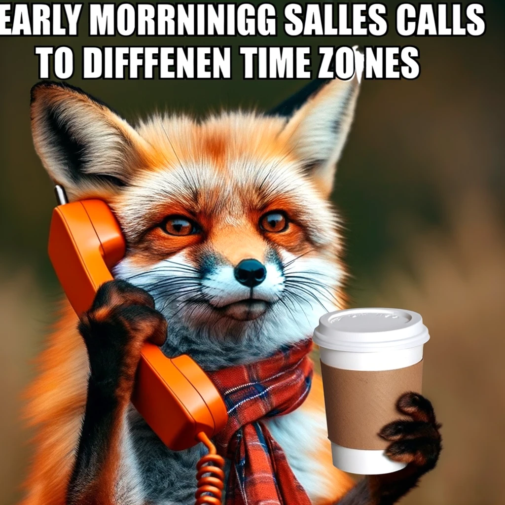 A meme of a fox with a phone in one hand and a coffee in the other, looking determined, with the caption, "Early morning sales calls to different time zones."