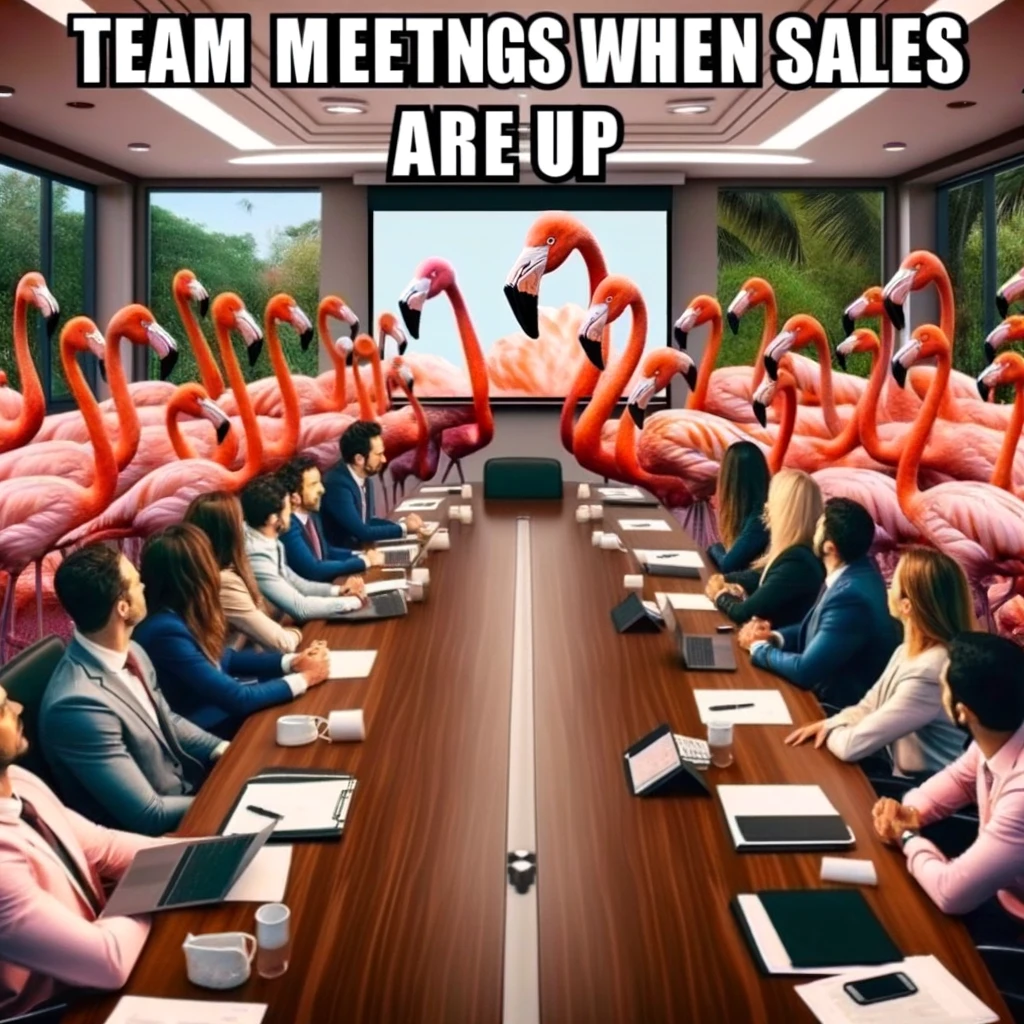 A meme showing a group of flamingos in a conference room, all looking at a presentation screen, with the caption, "Team meetings when sales are up."