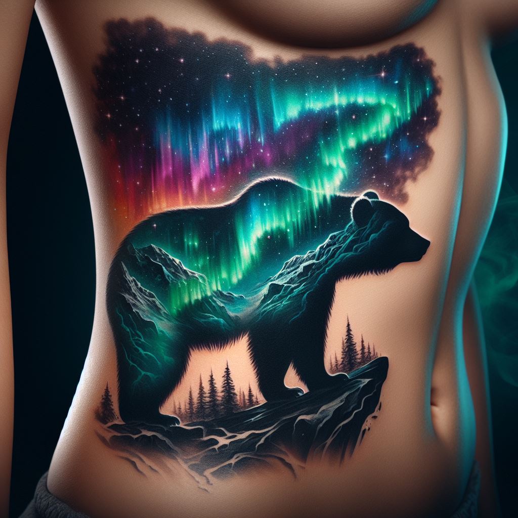 A tattoo of a bear silhouette against a backdrop of the northern lights on the rib cage. The scene is mystical, with the bear standing on a rocky outcrop and the vibrant colors of the aurora borealis swirling in the sky above. This design blends the wild essence of the bear with the magical beauty of nature, using color gradients and light effects to create a breathtaking visual. The tattoo flows with the body's contours, emphasizing the bear's majestic presence.