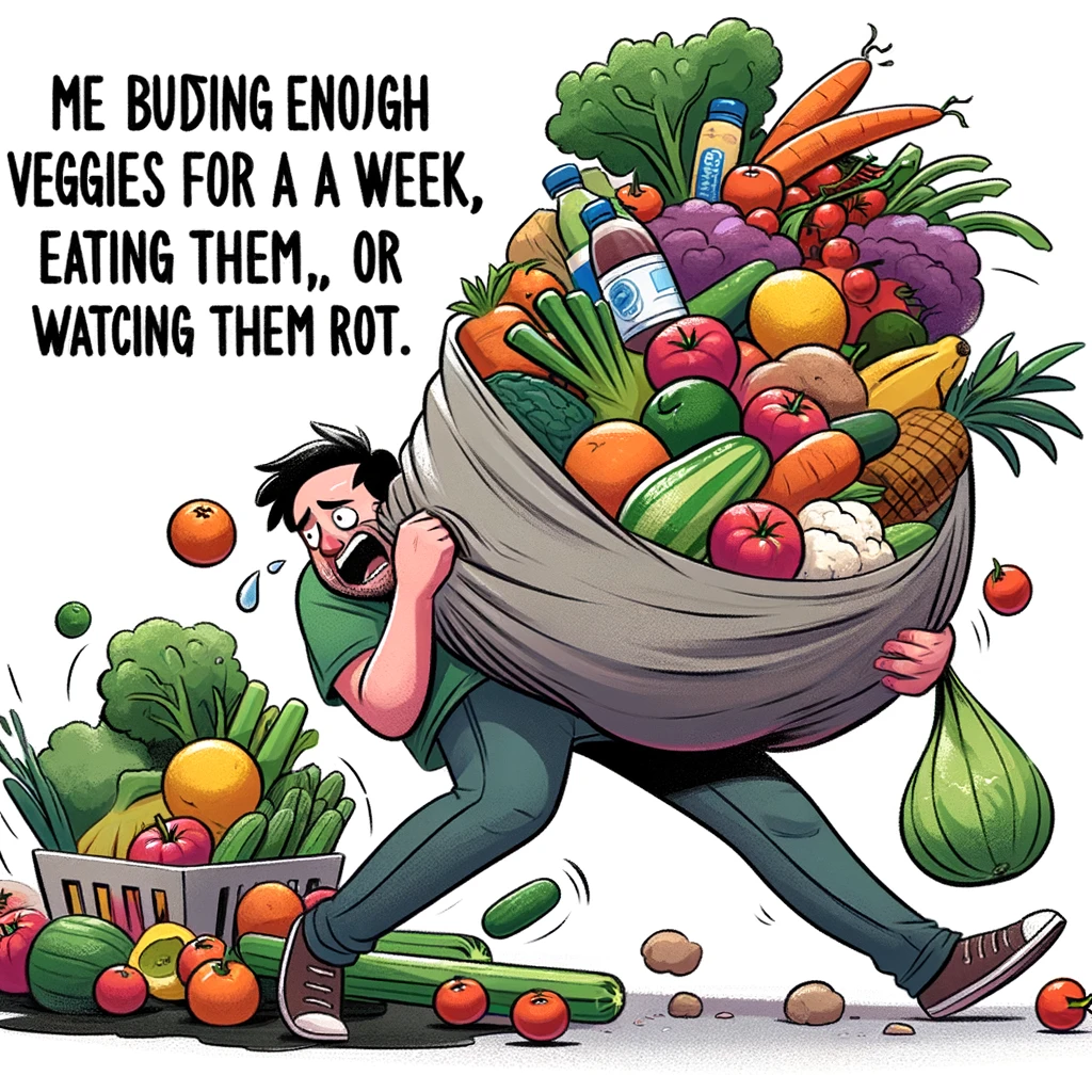 A person struggling to carry an armful of fresh produce, including fruits and vegetables. The image portrays a humorous and slightly exaggerated view of someone who ambitiously buys a lot of healthy food. The person's expression is a mix of determination and being overwhelmed. The caption reads: "Me buying enough veggies for a week, eating them in a day, or watching them rot."