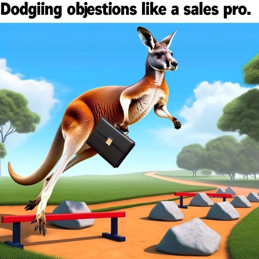 A meme featuring a kangaroo with a briefcase hopping over obstacles, captioned, "Dodging objections like a sales pro."