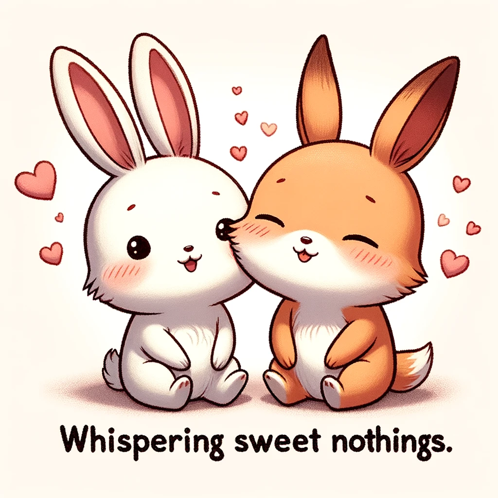 A playful and romantic meme featuring two cute animals, one whispering into the other's ear with hearts floating around them. The caption reads, "Whispering sweet nothings."