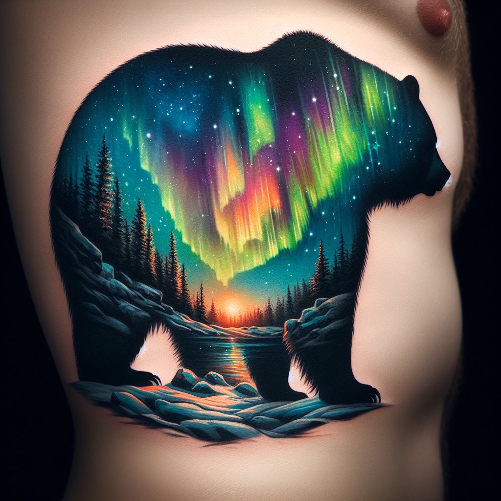 A tattoo of a bear silhouette against a backdrop of the northern lights on the rib cage. The scene is mystical, with the bear standing on a rocky outcrop and the vibrant colors of the aurora borealis swirling in the sky above. This design blends the wild essence of the bear with the magical beauty of nature, using color gradients and light effects to create a breathtaking visual. The tattoo flows with the body's contours, emphasizing the bear's majestic presence.