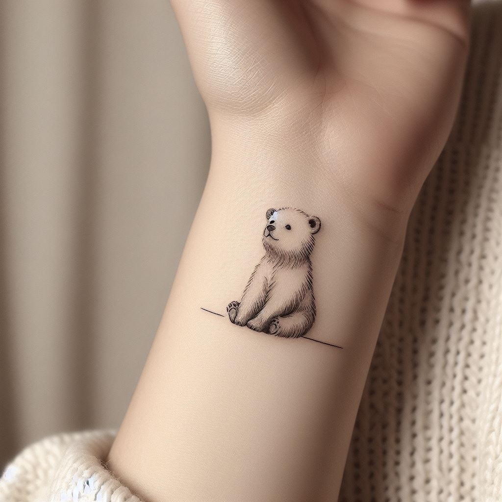A delicate tattoo of a small bear cub sitting peacefully, fitting snugly on the inner wrist. The design is minimalist, using fine lines to outline the bear cub with subtle shading to add depth. This tattoo symbolizes innocence and new beginnings, with the cub's eyes looking up in curiosity. The simplicity of the design makes it elegant and understated, perfect for a personal and meaningful tattoo.