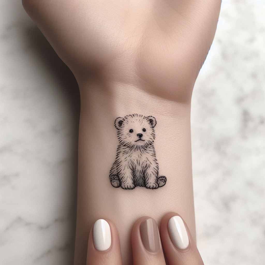 A delicate tattoo of a small bear cub sitting peacefully, fitting snugly on the inner wrist. The design is minimalist, using fine lines to outline the bear cub with subtle shading to add depth. This tattoo symbolizes innocence and new beginnings, with the cub's eyes looking up in curiosity. The simplicity of the design makes it elegant and understated, perfect for a personal and meaningful tattoo.