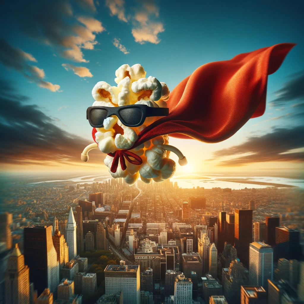 A whimsical scene of a single popcorn kernel in a superhero costume flying over a city skyline, embodying the spirit of a classic comic book hero. The sky is a dramatic sunset, casting long shadows and highlighting the kernel's cape fluttering in the wind. The city below is bustling with activity, and the kernel looks determined and heroic, as if on a mission to save the day. The image captures the essence of adventure and heroism, with a playful twist on the traditional superhero archetype.