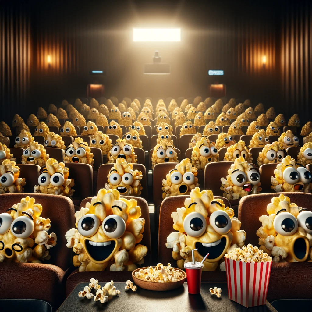 A humorous image showing a group of popcorn kernels sitting in a movie theater, watching a film on a large screen. Each kernel has different expressions, ranging from excited to scared, as if reacting to a thrilling or scary scene in the movie. The theater is dimly lit, with the flickering light from the screen illuminating their faces. Popcorn buckets and drinks are scattered around their seats, adding to the movie-going experience. This scene playfully anthropomorphizes the popcorn, creating a funny twist on the idea of being 'consumed' by the entertainment.