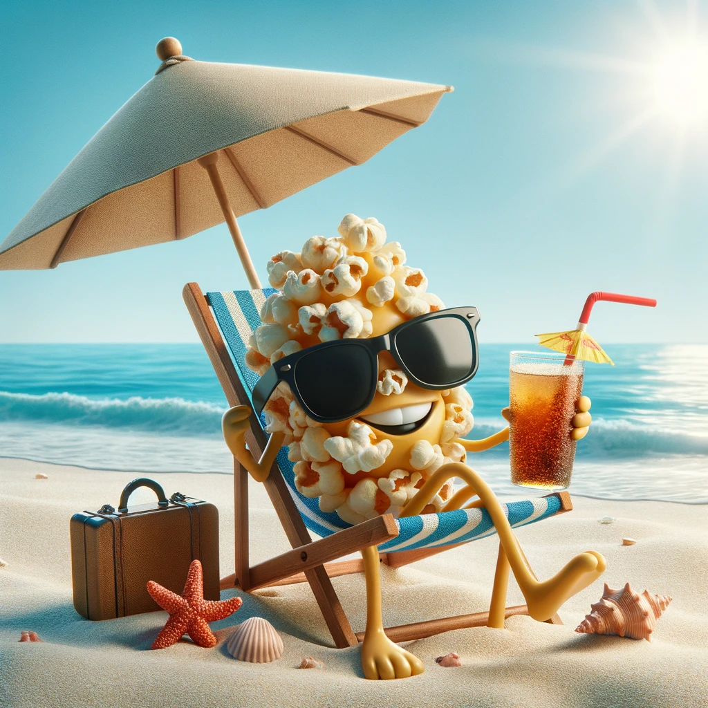 A scene depicting a popcorn kernel relaxing on a beach chair under a sunny sky, wearing sunglasses and sipping a cold drink with a straw. The beach is pristine, with fine white sand, and the ocean in the background has gentle waves lapping at the shore. A small umbrella is planted next to the chair, providing shade for the kernel, and a few seashells and a starfish are scattered around on the sand. This image captures a lighthearted and relaxing vacation vibe, with the popcorn kernel enjoying a peaceful day at the beach.