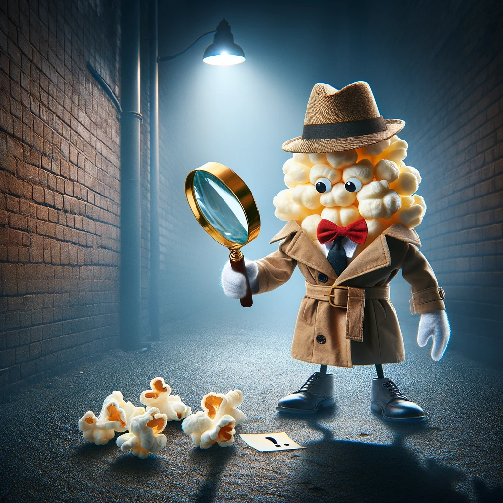 A funny image of a popcorn kernel dressed as a detective, holding a magnifying glass and examining a clue on the ground. The setting is a dimly lit alleyway, with brick walls and a misty atmosphere, adding a touch of mystery. The detective popcorn has a serious expression, wearing a trench coat and a fedora hat, embodying the classic noir detective archetype. Shadows play across the scene, creating a dramatic effect, as the kernel gets closer to solving the case. This image combines humor with intrigue, showcasing the popcorn kernel in an unexpected role.