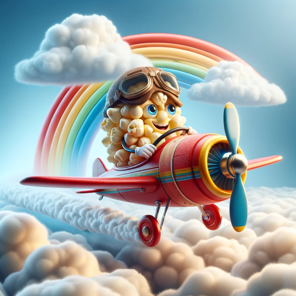 An imaginative scene where a popcorn kernel is piloting a small, cartoonish airplane through a clear blue sky, dotted with fluffy white clouds. The kernel wears a pilot's cap and goggles, with a look of determination and joy on its face. The airplane is bright red, with colorful stripes and oversized propellers, reminiscent of classic children's toys. In the background, a rainbow arches gracefully, adding a magical touch to the adventure. This playful and adventurous image evokes a sense of freedom and the thrill of flying, with a whimsical popcorn twist.