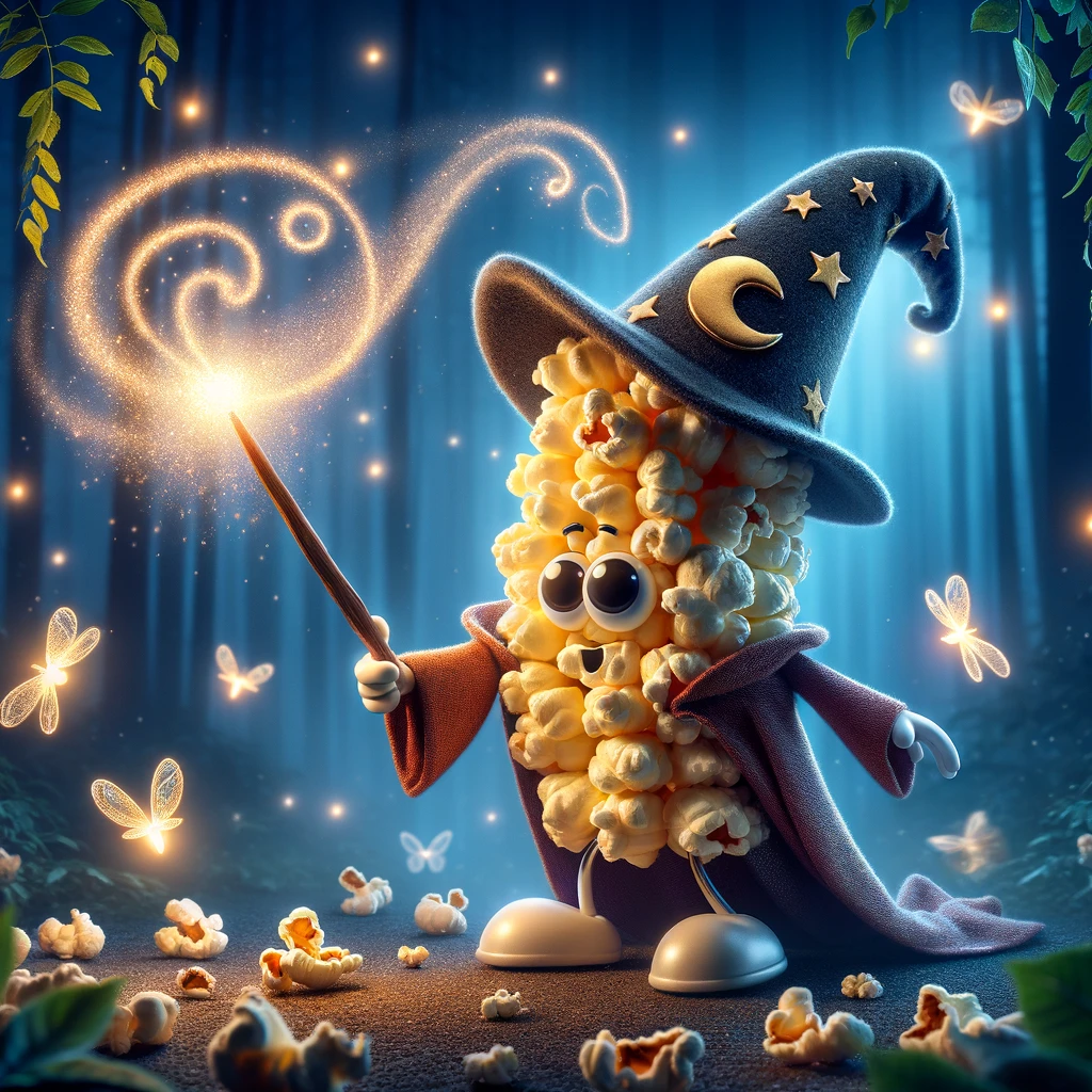 A playful image of a popcorn kernel in a wizard costume, casting a spell with a magic wand. The setting is a mystical forest at night, illuminated by the glow of fireflies and the shimmering light from the wand. The wizard popcorn wears a pointed hat adorned with stars and moons, and a flowing cloak that seems to flutter with the magic being conjured. Magical symbols and sparks emanate from the tip of the wand, as if bringing to life an enchantment. This image captures the whimsy and fantasy of a magical world, with a popcorn kernel as the unexpected sorcerer.