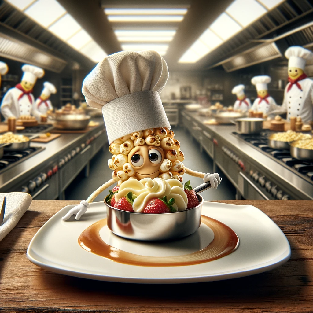 A comical scene of a popcorn kernel dressed as a chef, proudly presenting a gourmet dish in a fancy restaurant kitchen. The dish is humorously a smaller version of a popcorn kernel, garnished elaborately on a sleek, white plate. The chef popcorn wears a traditional white chef's hat and apron, with a look of satisfaction and pride on its face. The kitchen background is bustling with other popcorn kernels in various kitchen roles, adding to the lively and whimsical atmosphere. This image plays on the idea of food cooking food, adding a layer of humor to the culinary world.