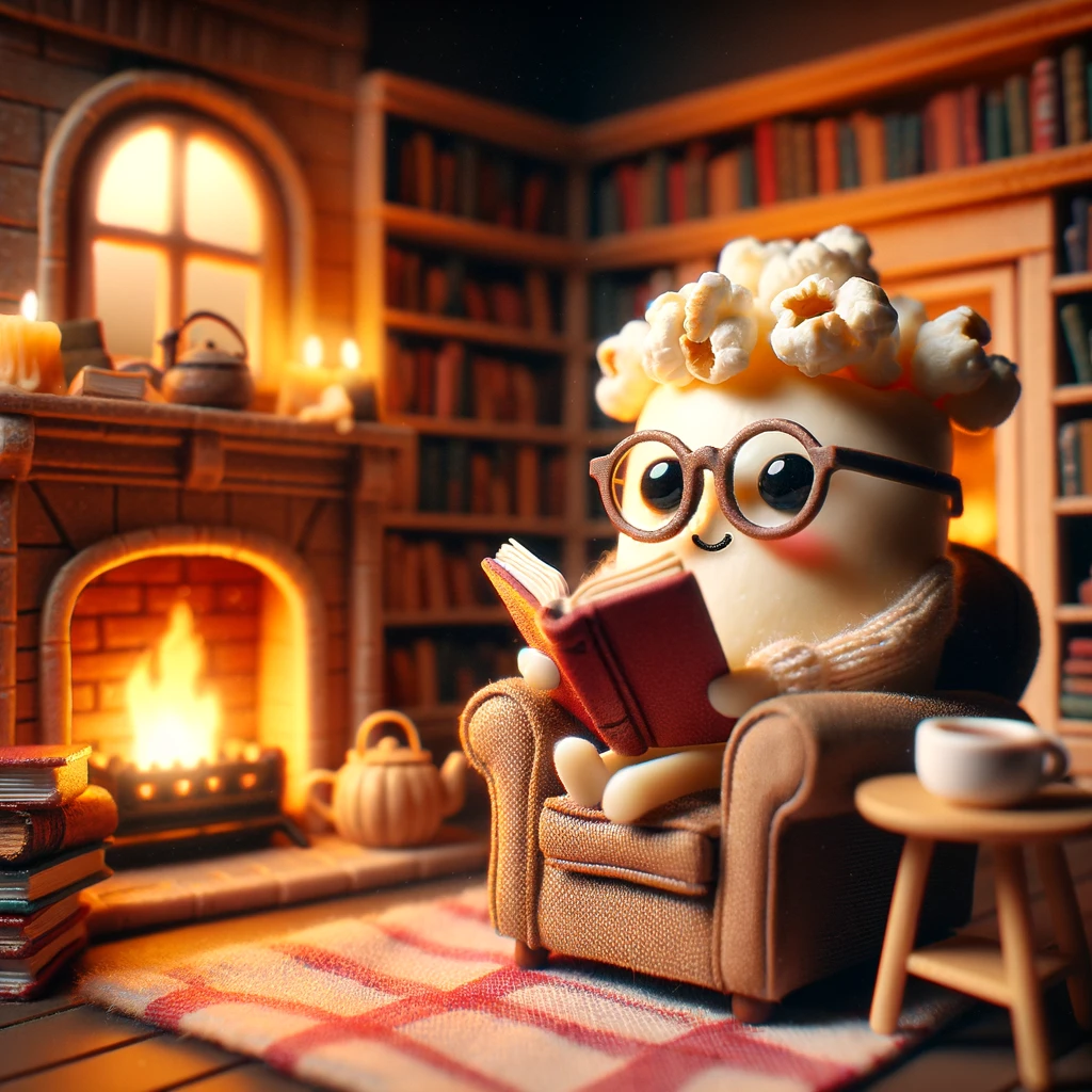 A heartwarming image of a popcorn kernel holding a tiny book, sitting on a cozy armchair by a fireplace, wearing reading glasses. The room is filled with a warm glow from the fire, creating a snug and inviting atmosphere. Bookshelves line the walls, filled with miniature books, suggesting a love for literature. A small cup of tea sits on a side table next to the chair, adding to the sense of relaxation and contentment. This scene captures a peaceful moment of solitude and the joy of reading, with a whimsical popcorn character enjoying a quiet evening at home.