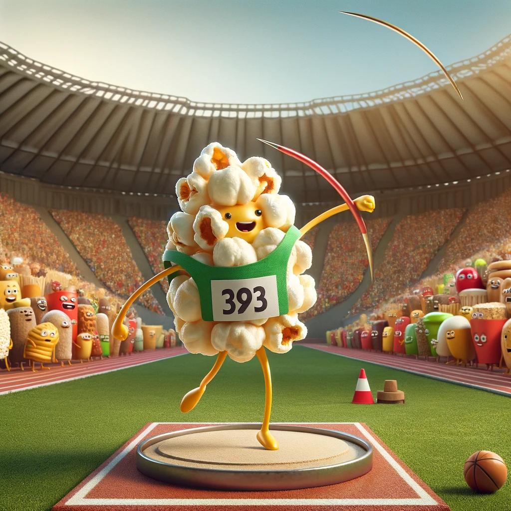 A satire image of a popcorn kernel participating in an Olympic track and field event, wearing a number bib and in the midst of throwing a javelin. The stadium is packed with an excited audience, all of which are various snacks and foods cheering on the athletes. The sky is clear, and the sun is shining brightly, highlighting the determination on the kernel's face. This scene humorously anthropomorphizes food items, imagining them as athletes competing in a world-class sporting event, showcasing the popcorn kernel's athleticism and competitive spirit.