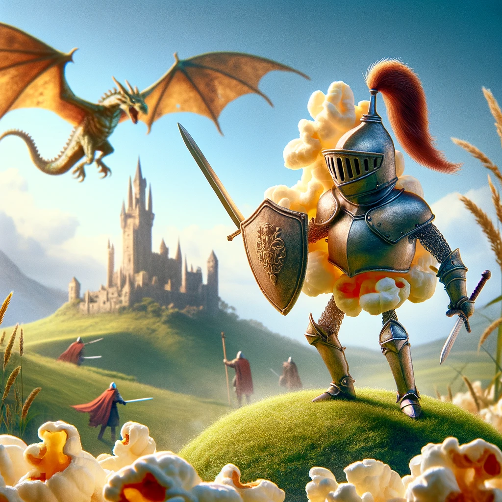 A whimsical scene showing a popcorn kernel as a brave knight in shining armor, standing ready for battle with a tiny sword and shield. The backdrop is a medieval landscape with a castle in the distance, and a dragon soaring in the sky. The kernel's armor gleams in the sunlight, and it stands heroically on a grassy knoll, facing its imaginary foe. The caption reads, "In a world of snacks, be a popcorn knight: brave, bold, and ready to pop into action!" This scene combines elements of fantasy and humor, showcasing the popcorn kernel in an adventurous and chivalrous role.