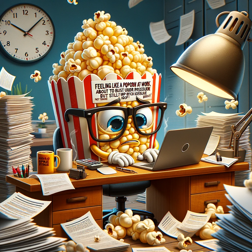 A comical scene of a popcorn kernel as a busy office worker, surrounded by papers and typing furiously on a laptop. The office setting is chaotic, with a coffee cup spilling over and a clock showing it's nearly deadline. The kernel wears tiny glasses and looks overwhelmed yet determined. The caption reads, "Feeling like a popcorn at work: about to burst under pressure but still popping with ideas!" This image humorously captures the stress and hustle of office life, with a popcorn kernel embodying the everyday worker's struggles and resilience.