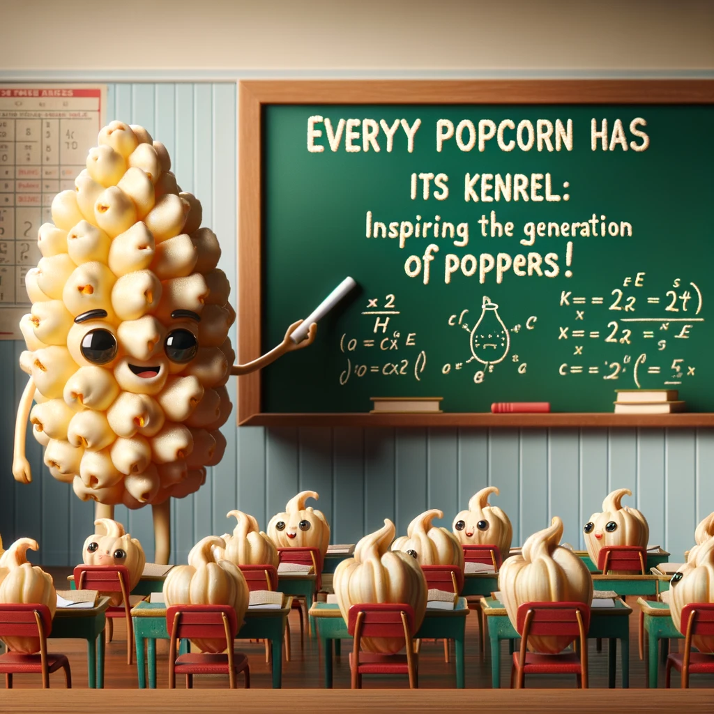A heartwarming scene where a popcorn kernel is teaching a group of mini kernels in a classroom setting. The big kernel stands in front of a blackboard, chalk in hand, with equations and lessons written on it. The mini kernels sit at desks, looking up with curiosity and eagerness. The caption reads, "Every popcorn has its kernel: inspiring the next generation of poppers!" This image portrays the popcorn kernel as a mentor and educator, emphasizing the importance of teaching and inspiring others, with a playful nod to the process of popcorn popping.